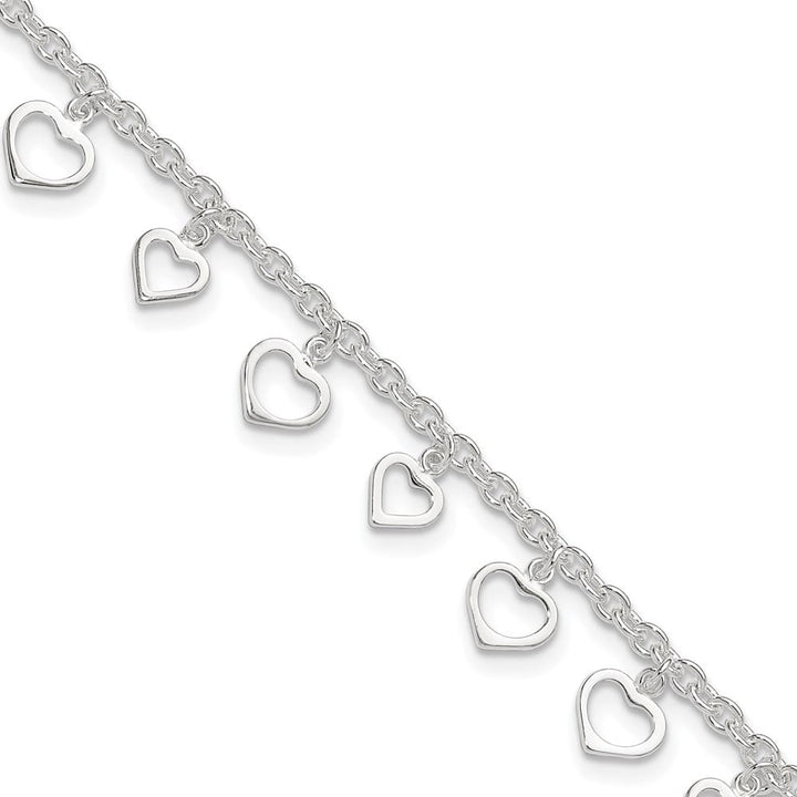Sterling Silver Heart Charms on Cable Link Anklet — .925 sterling silver, 9 inches long, 1 inch extension, 2.5 mm wide, lobster clasp, 7.29 g