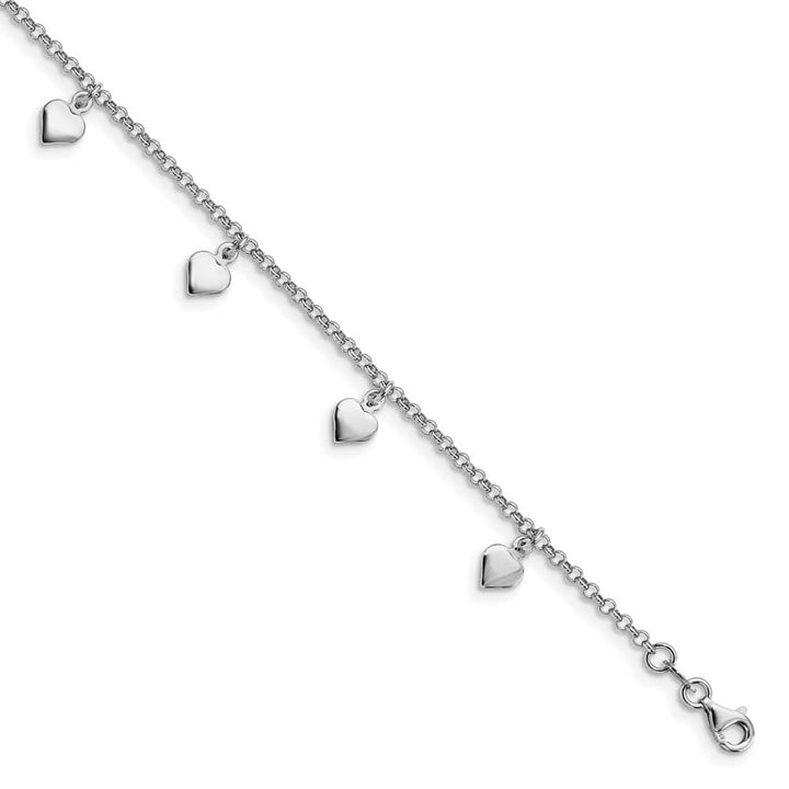 Sterling Silver Heart Charms on Rolo Link Anklet — .925 sterling silver, 9 inches long, 1 inch extension, 2 mm wide, lobster clasp, 4.98 g
