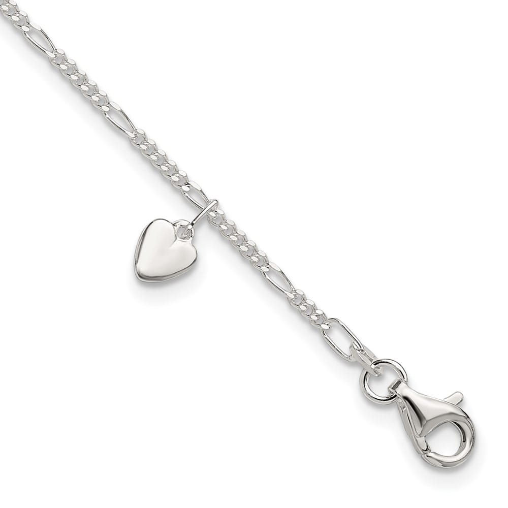 Sterling Silver Heart Dangle on Figaro Link Anklet — .925 sterling silver, 10 inches long, 1 mm wide, lobster clasp, 2.43 g