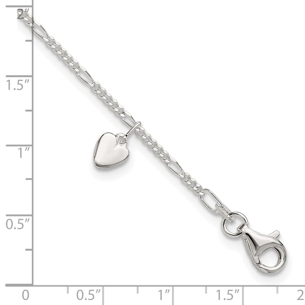 Sterling Silver Heart Dangle on Figaro Link Anklet