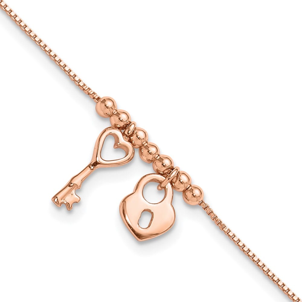 Sterling Silver Heart Lock and Key Anklet — .925 sterling silver, 10 inches long, 1 inch extension, 1 mm wide, spring ring clasp, 2.67 g