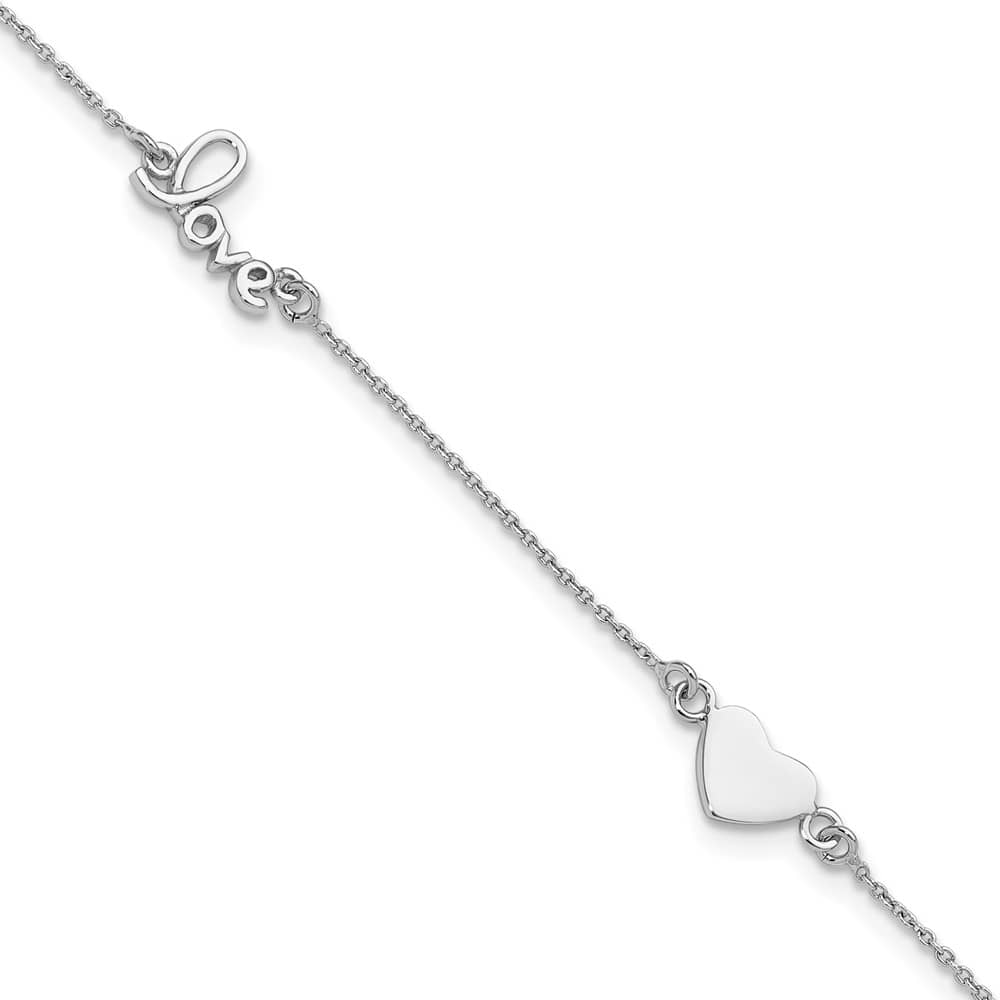 Sterling Silver Heart/LOVE Script Anklet — .925 sterling silver, 10 inches long, 1 inch extension, 1 mm wide, spring ring clasp, 1.90 g