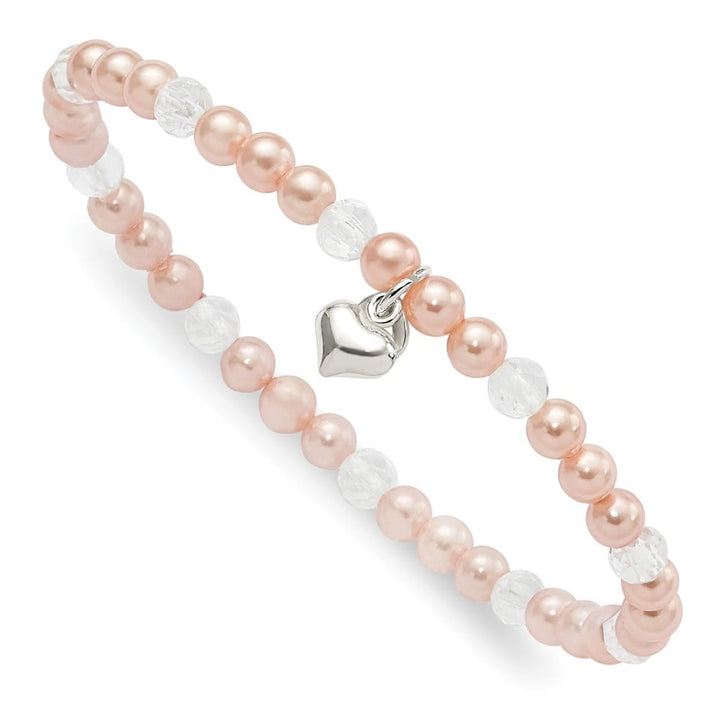 Sterling Silver Heart Pink Shell and Crystal 45mm Stretch Bracelet