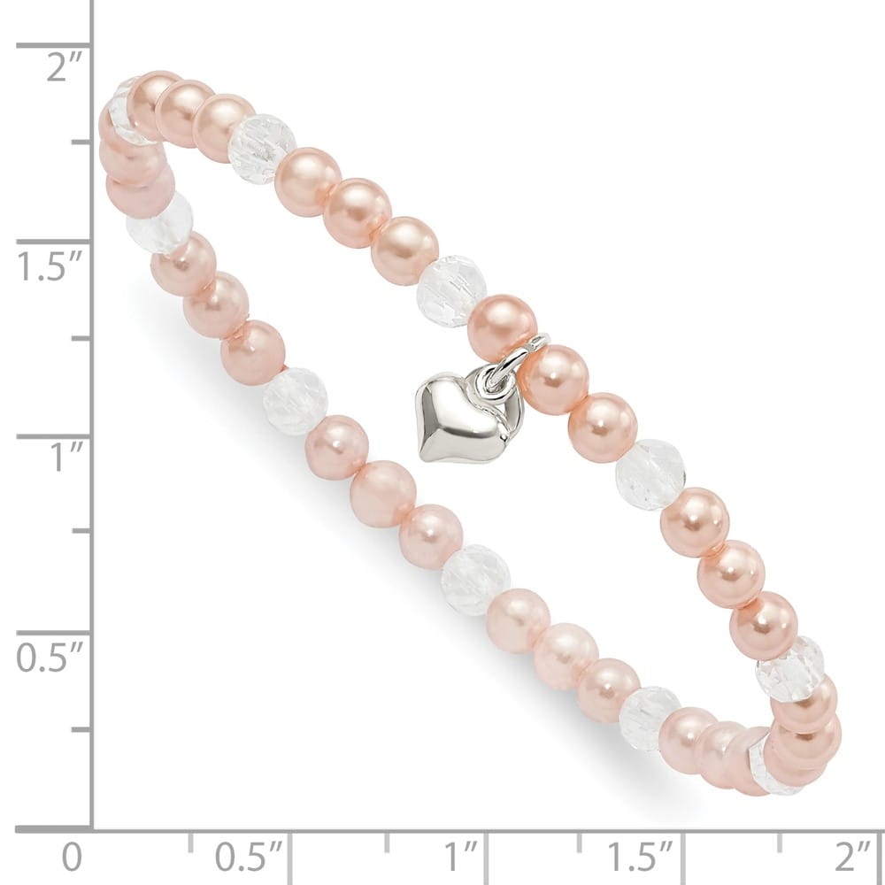 Sterling Silver Heart Pink Shell and Crystal 45mm Stretch Bracelet