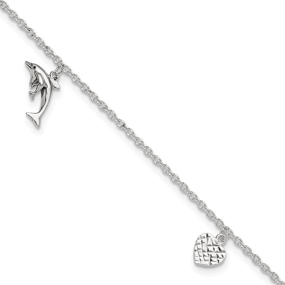 Sterling Silver Heart/Star/Dolphin Charms Anklet — .925 sterling silver, 10 inches long, 1 inch extension, 2 mm wide, lobster clasp, 3.29 g