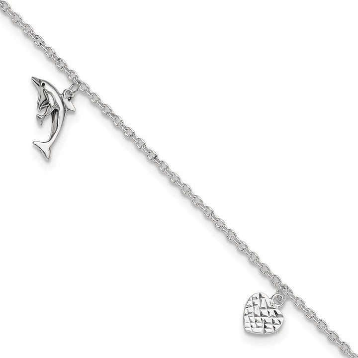 Sterling Silver Heart/Star/Dolphin Charms Anklet — .925 sterling silver, 10 inches long, 1 inch extension, 2 mm wide, lobster clasp, 3.29 g