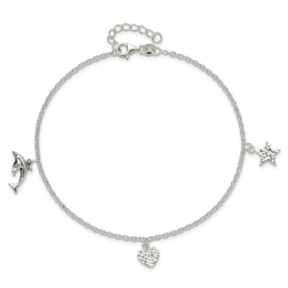 Sterling Silver Heart/Star/Dolphin Charms Anklet