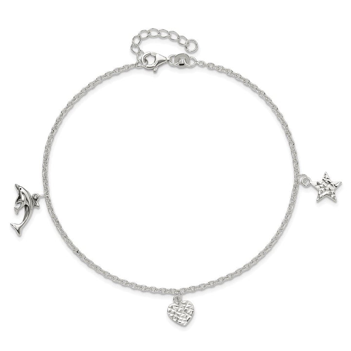 Sterling Silver Heart/Star/Dolphin Charms Anklet