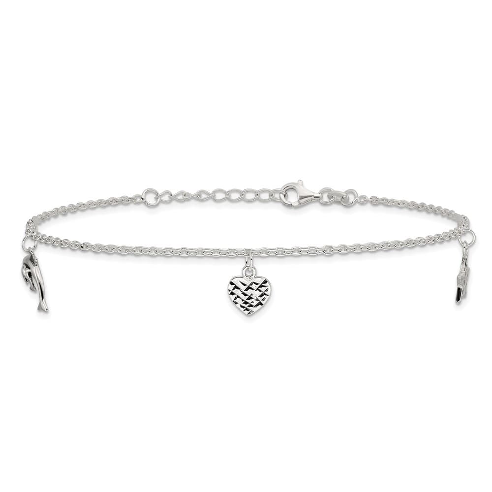 Sterling Silver Heart/Star/Dolphin Charms Anklet