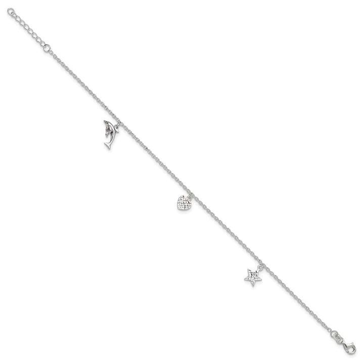 Sterling Silver Heart/Star/Dolphin Charms Anklet
