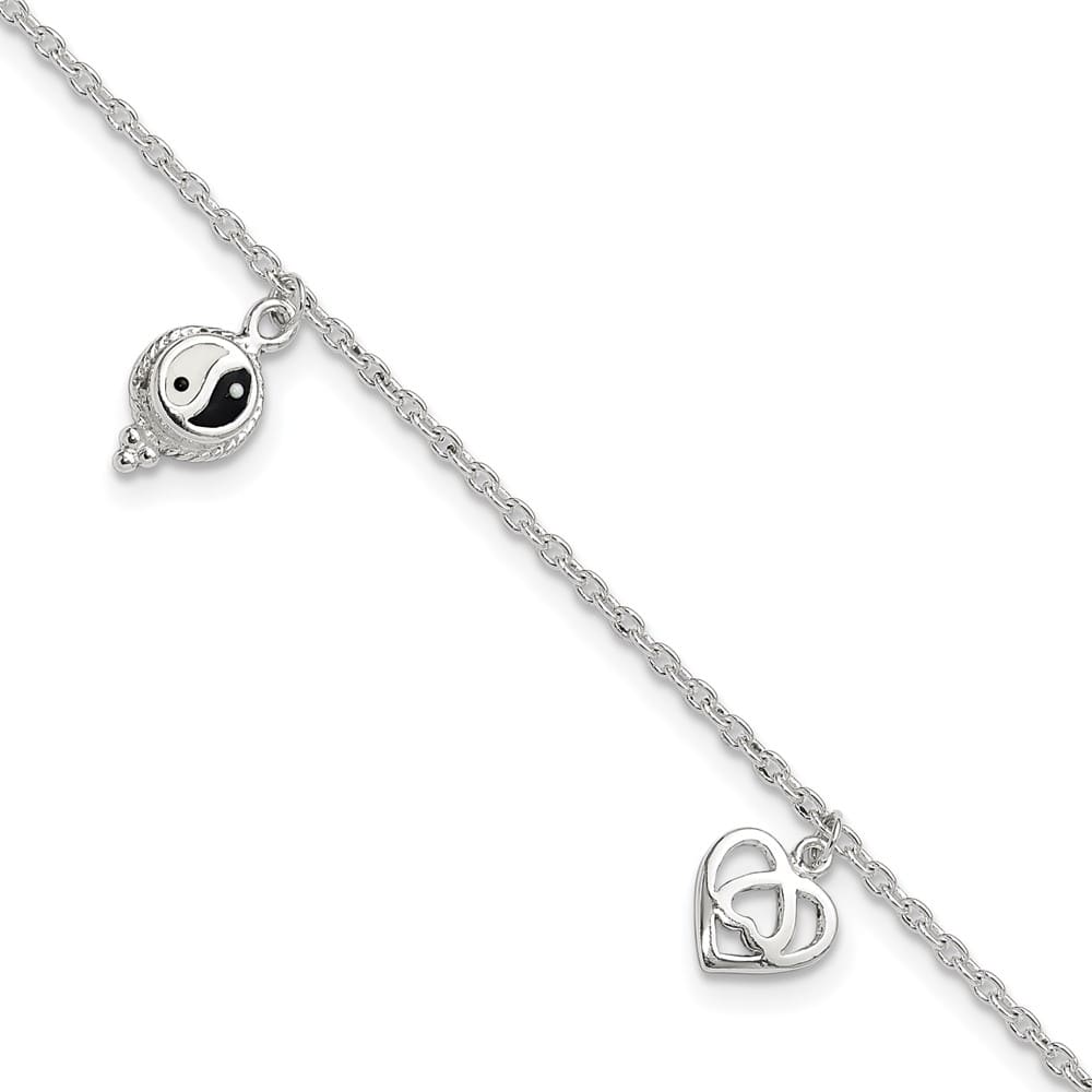 Sterling Silver Heart/YinYang/Peace Sign Anklet — .925 sterling silver, 9 inches long, 1 inch extension, 2 mm wide, lobster clasp, 3.56 g