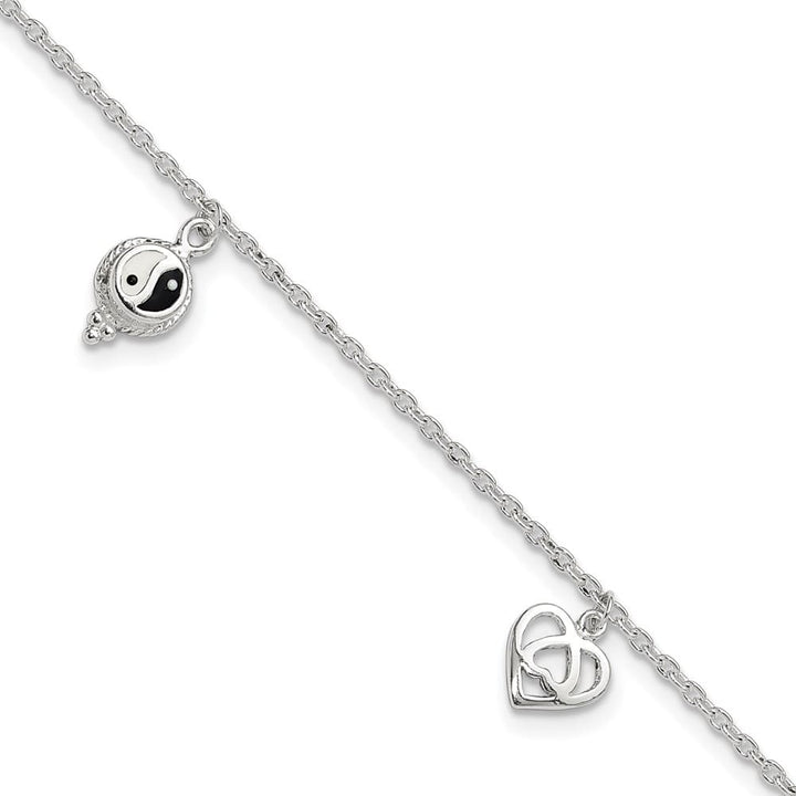 Sterling Silver Heart/YinYang/Peace Sign Anklet — .925 sterling silver, 9 inches long, 1 inch extension, 2 mm wide, lobster clasp, 3.56 g