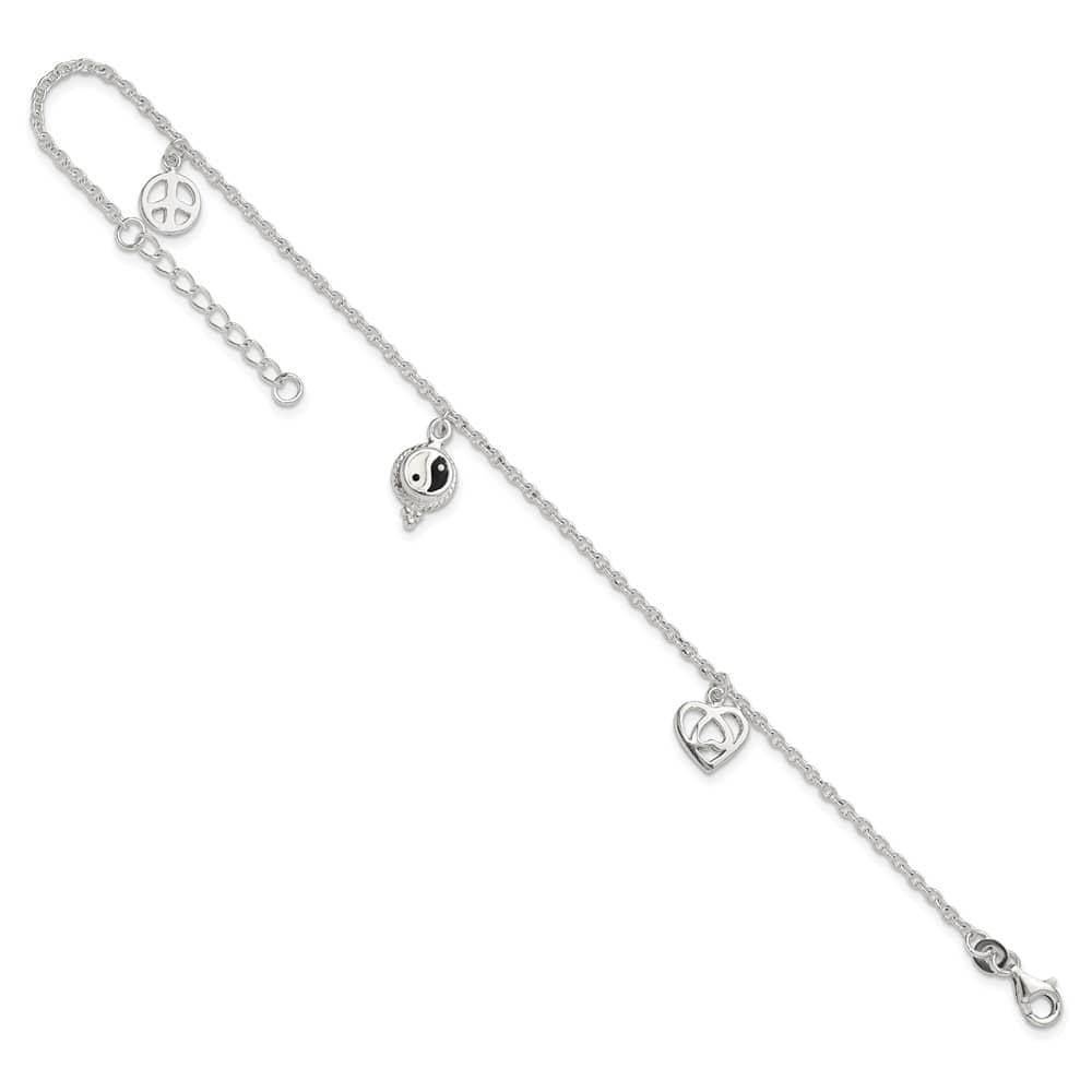Sterling Silver Heart/YinYang/Peace Sign Anklet