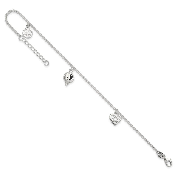Sterling Silver Heart/YinYang/Peace Sign Anklet