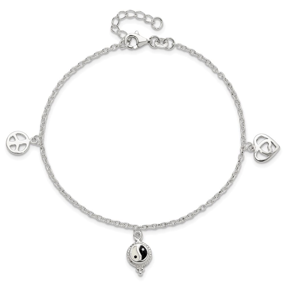 Sterling Silver Heart/YinYang/Peace Sign Anklet