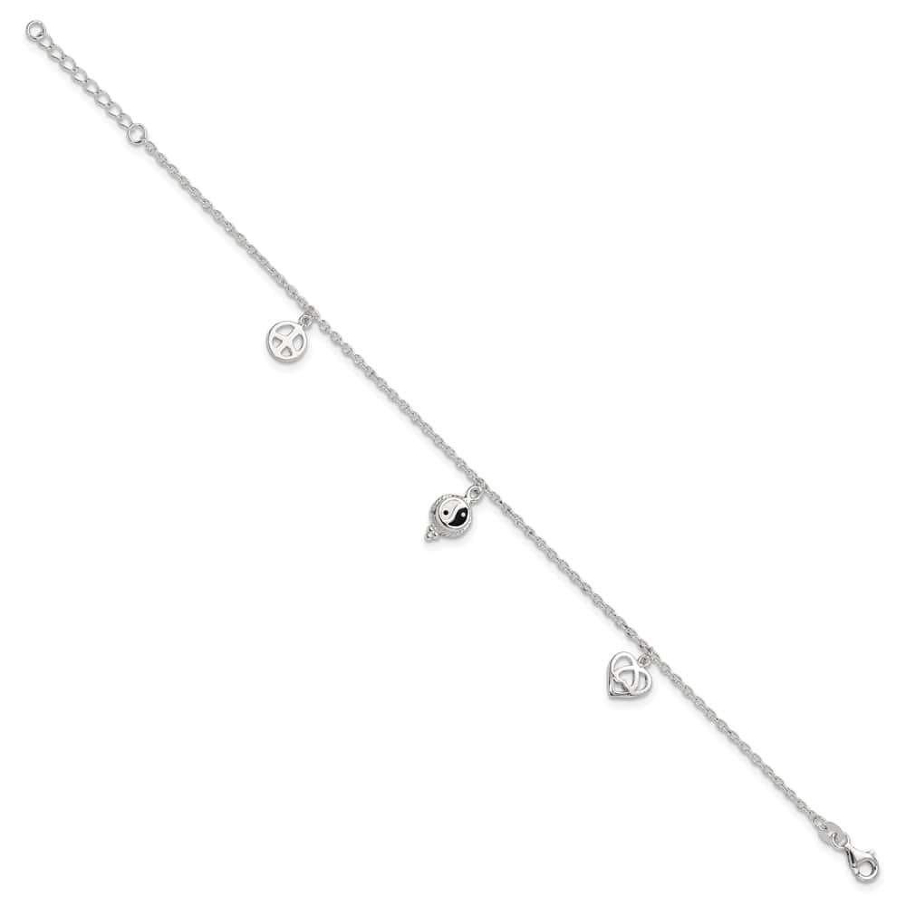 Sterling Silver Heart/YinYang/Peace Sign Anklet