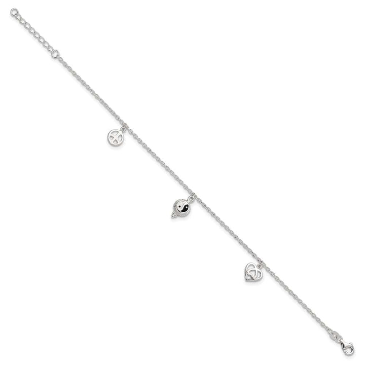 Sterling Silver Heart/YinYang/Peace Sign Anklet