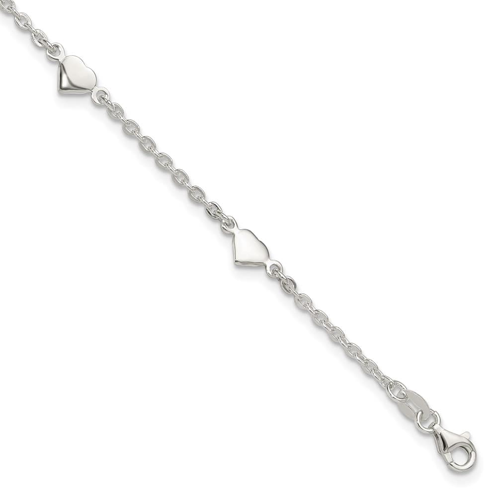 Sterling Silver Hearts 5-Station Anklet — .925 sterling silver, 10 inches long, 1 inch extension, 6 mm wide, lobster clasp, 4.05 g