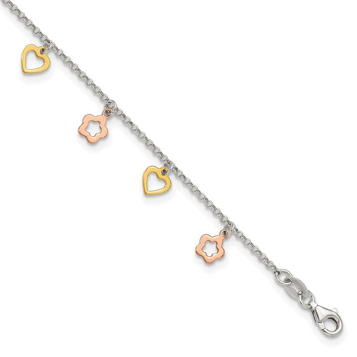 Sterling Silver Hearts and Flowers Anklet — .925 sterling silver, 10 inches long, 1 inch extension, 1.5 mm wide, lobster clasp, 2.89 g