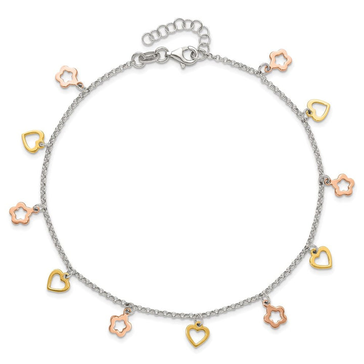 Sterling Silver Hearts and Flowers Anklet