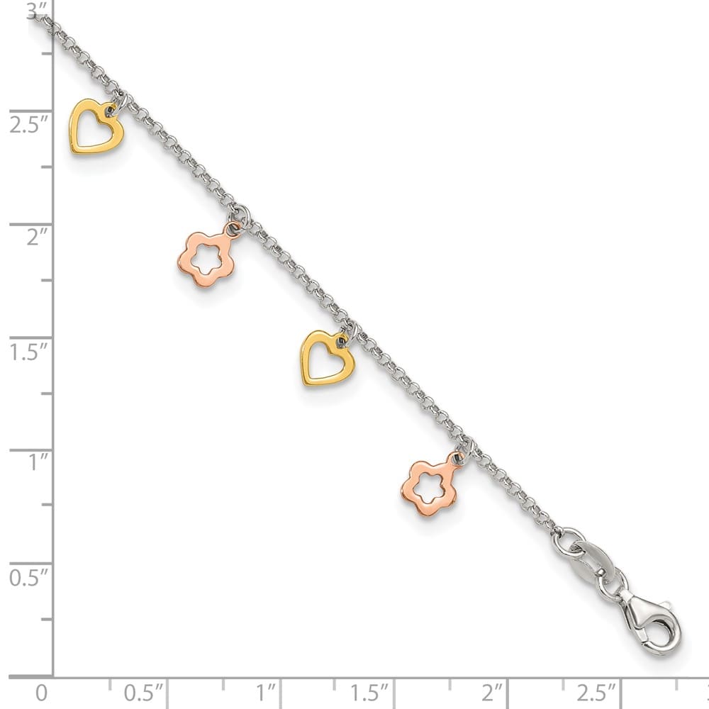 Sterling Silver Hearts and Flowers Anklet