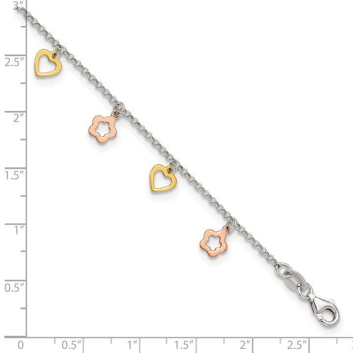 Sterling Silver Hearts and Flowers Anklet