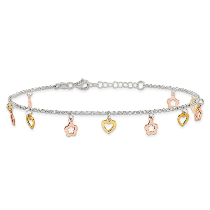 Sterling Silver Hearts and Flowers Anklet