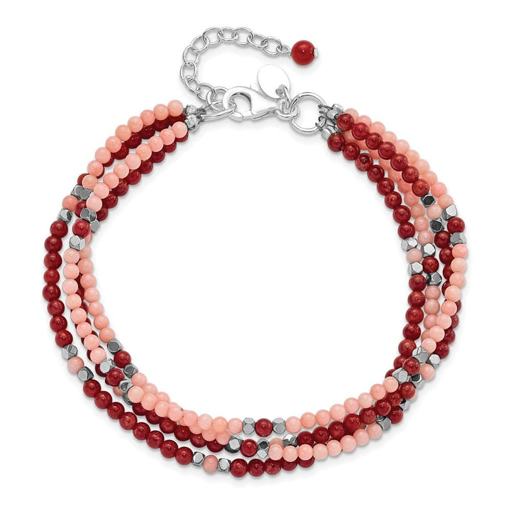 Sterling Silver Hematite, Red & Peach Coral 4-Strand Bracelet