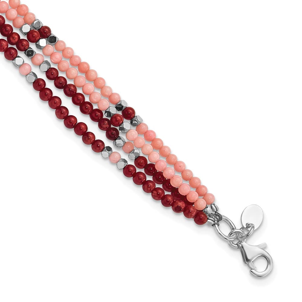 Sterling Silver Hematite, Red & Peach Coral 4-Strand Bracelet