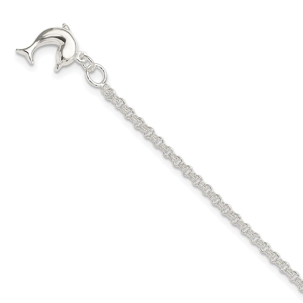 Sterling Silver Hollow Polished 3-D Dolphin 3 mm Anklet — .925 sterling silver, 9 inches long, 3 mm wide, spring ring clasp, 3.77 g