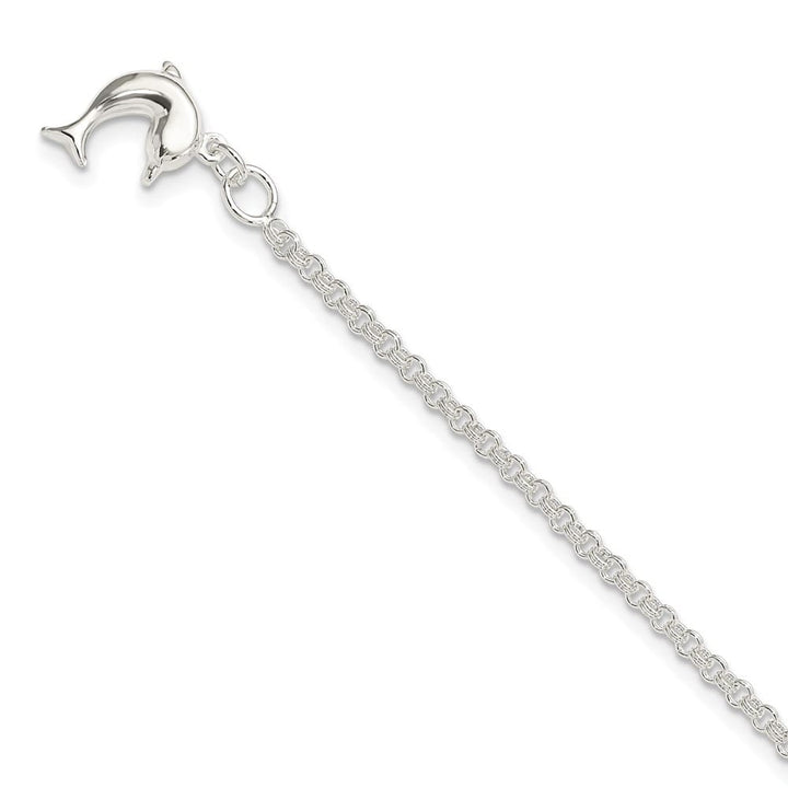 Sterling Silver Hollow Polished 3-D Dolphin 3 mm Anklet — .925 sterling silver, 9 inches long, 3 mm wide, spring ring clasp, 3.77 g