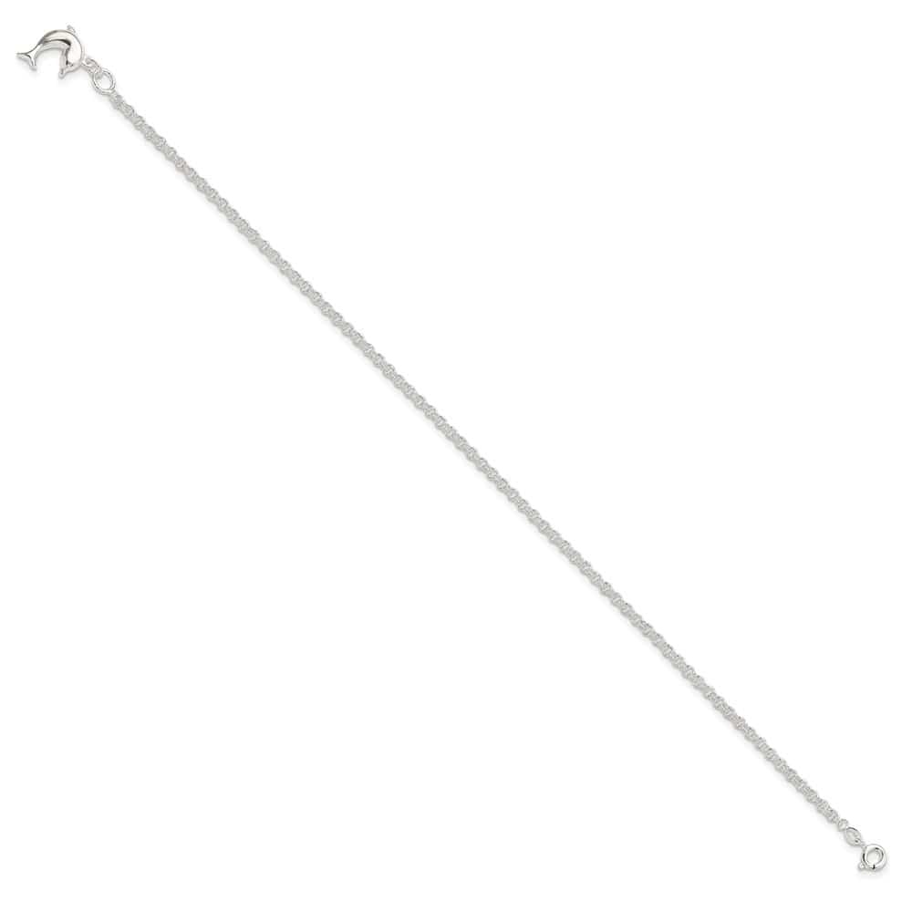 Sterling Silver Hollow Polished 3-D Dolphin on Rolo Link Anklet