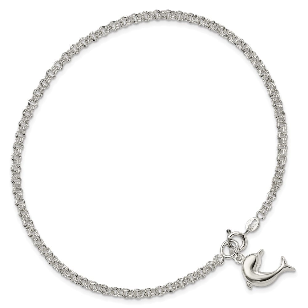 Sterling Silver Hollow Polished 3-D Dolphin on Rolo Link Anklet