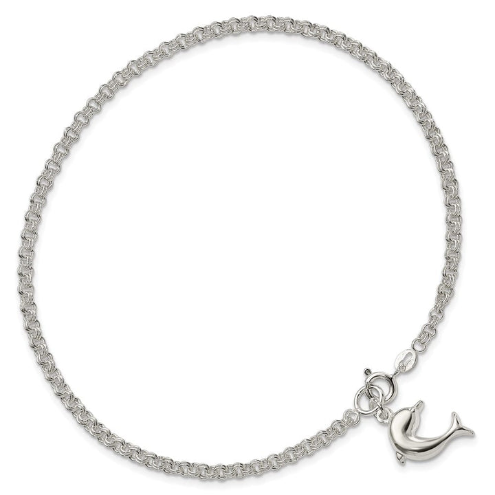 Sterling Silver Hollow Polished 3-D Dolphin on Rolo Link Anklet