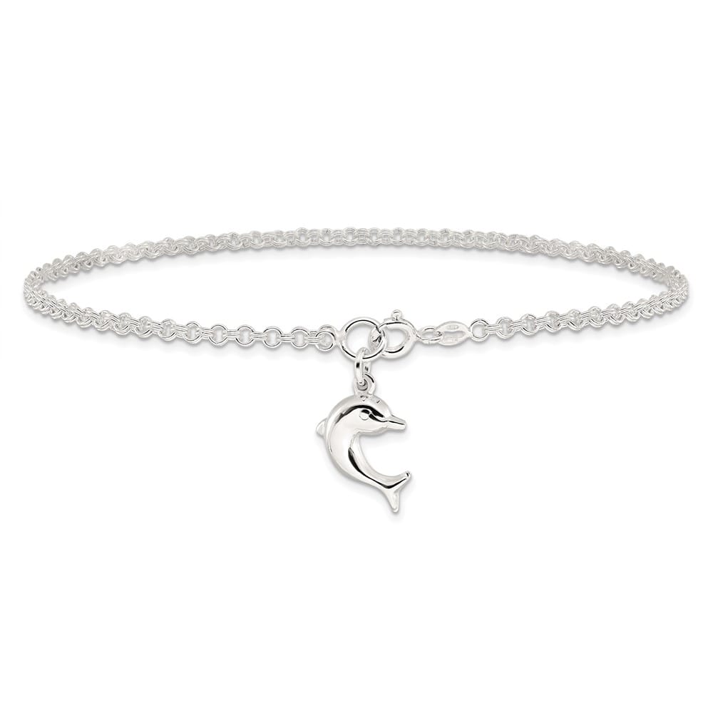 Sterling Silver Hollow Polished 3-D Dolphin on Rolo Link Anklet