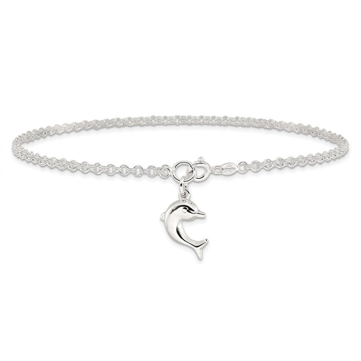 Sterling Silver Hollow Polished 3-D Dolphin on Rolo Link Anklet