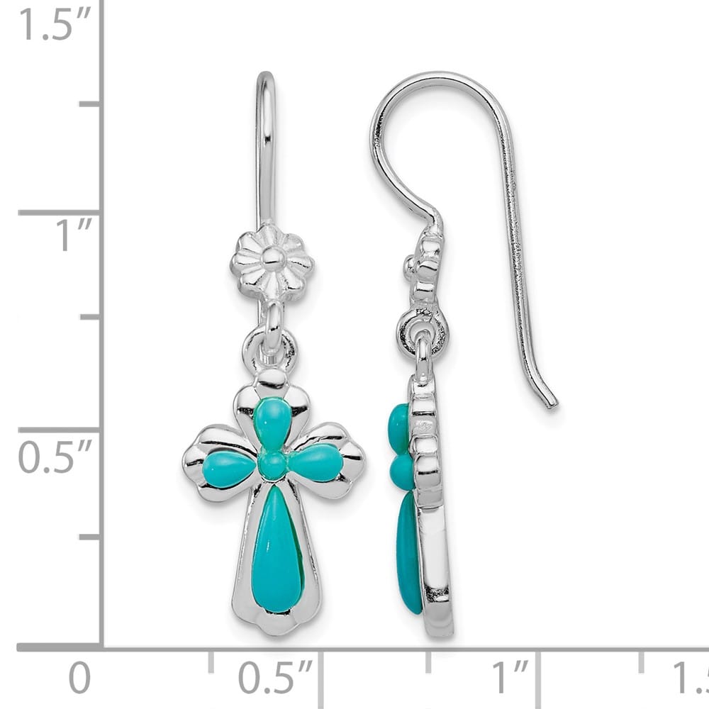 Sterling Silver Imitation Turquoise Cross & Flower Dangle Earrings, view 4 of 4