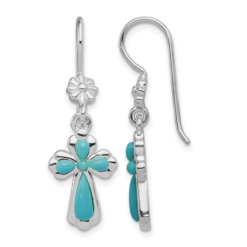 Sterling Silver Imitation Turquoise Cross & Flower Dangle Earrings, view 1 of 4
