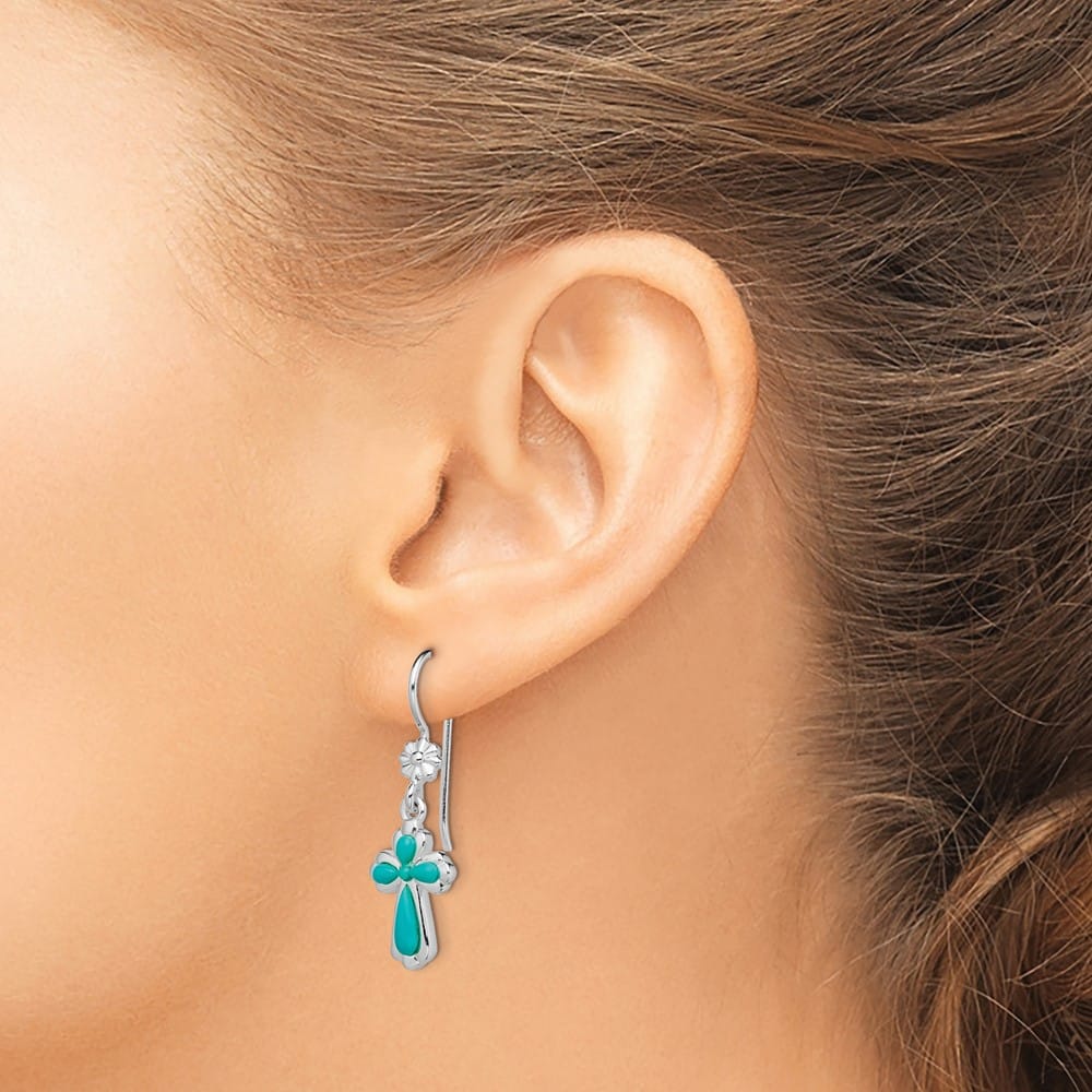Sterling Silver Imitation Turquoise Cross & Flower Dangle Earrings, view 3 of 4