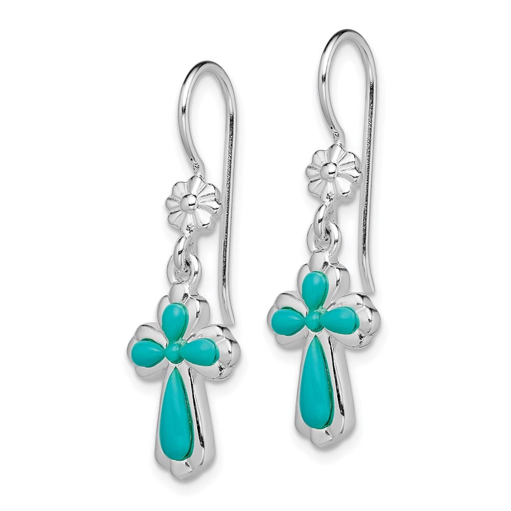 Sterling Silver Imitation Turquoise Cross & Flower Dangle Earrings, view 2 of 4