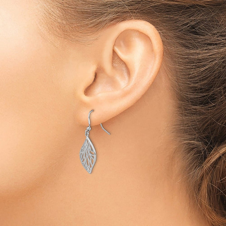 Sterling Silver Leaf Polished Dangle Earrings, view 3 of 4