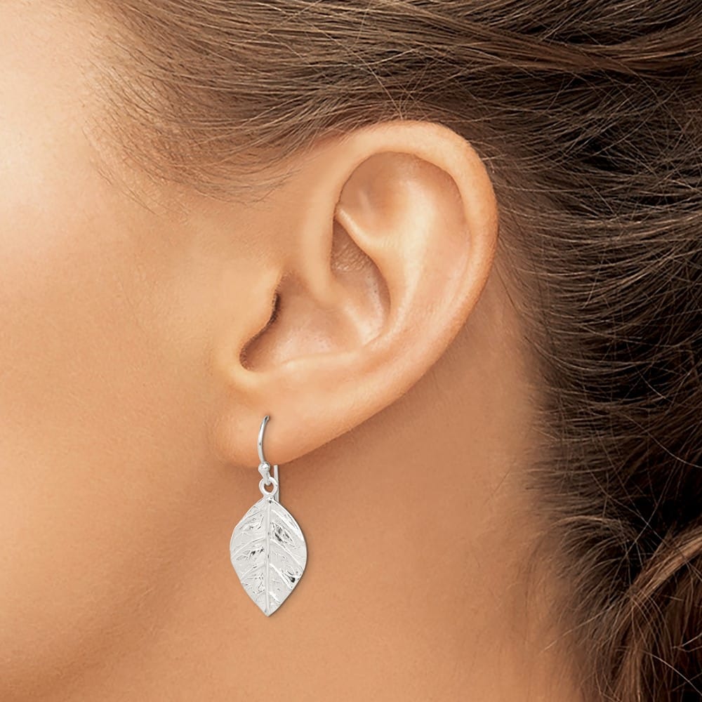 Sterling Silver Leaf Textured Dangle Earrings, view 3 of 4