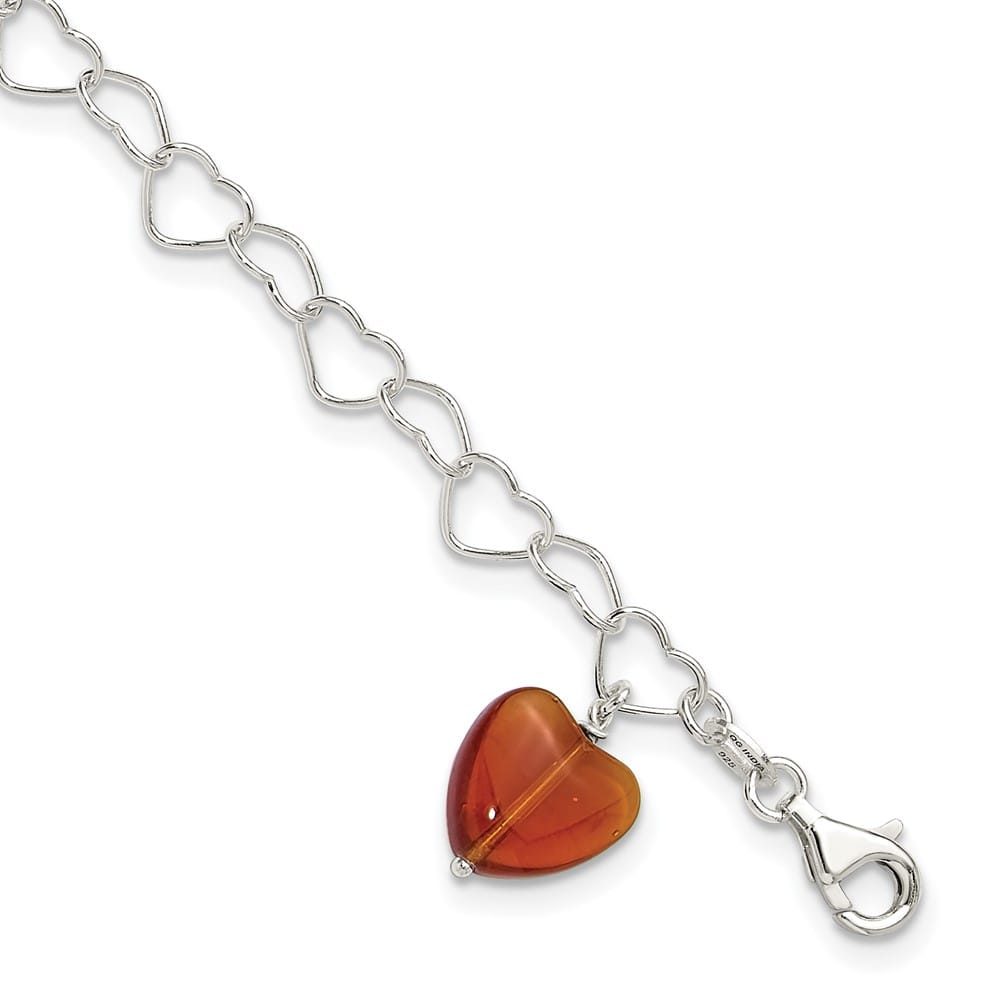 Sterling Silver Link Red Synthetic Crystal Stone Heart Anklet — .925 sterling silver, 10 inches long, 5 mm wide, lobster clasp, 4.00 g