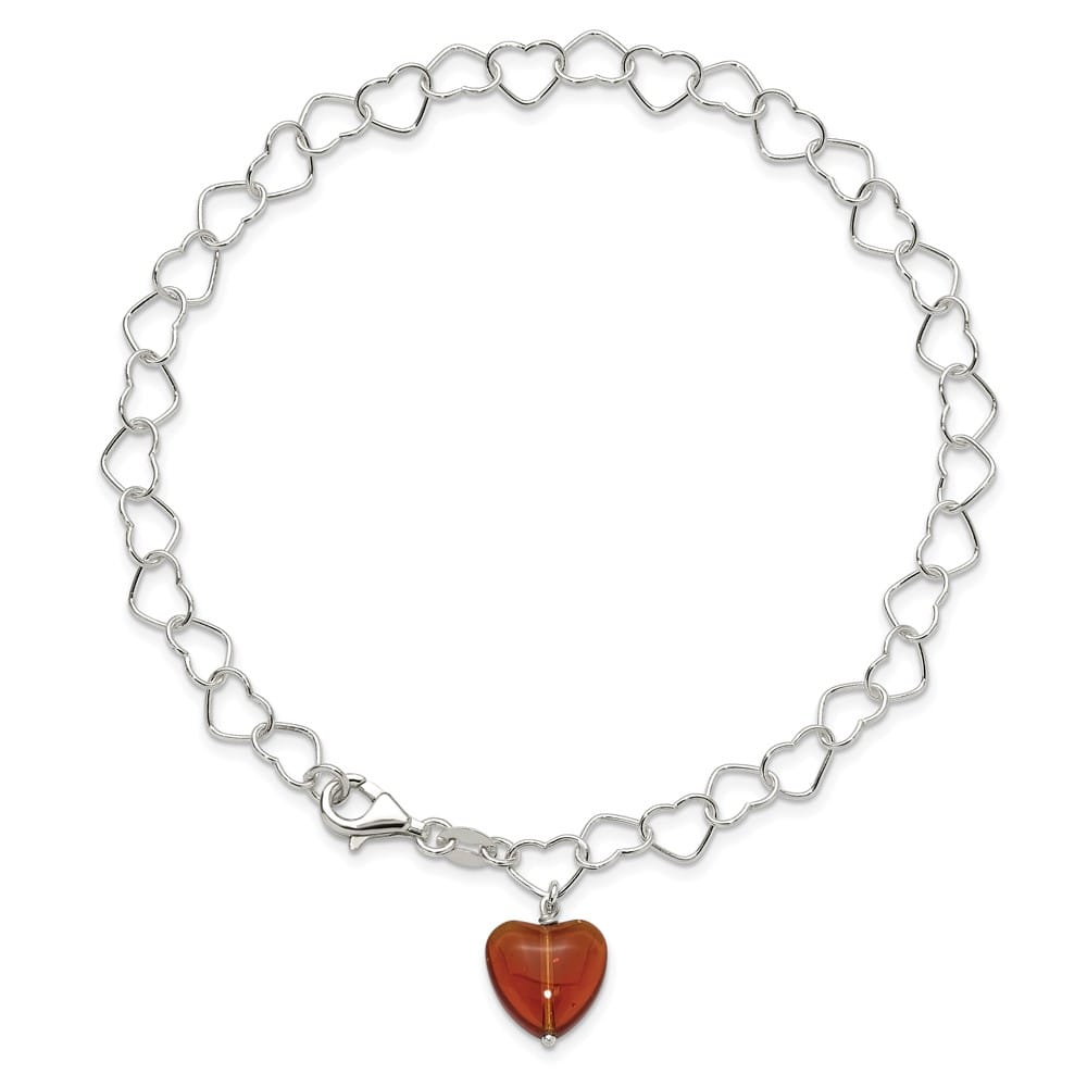 Sterling Silver Link Red Synthetic Crystal Stone Heart Anklet
