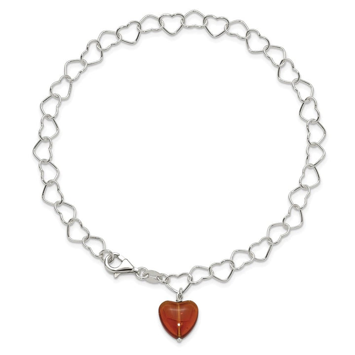 Sterling Silver Link Red Synthetic Crystal Stone Heart Anklet