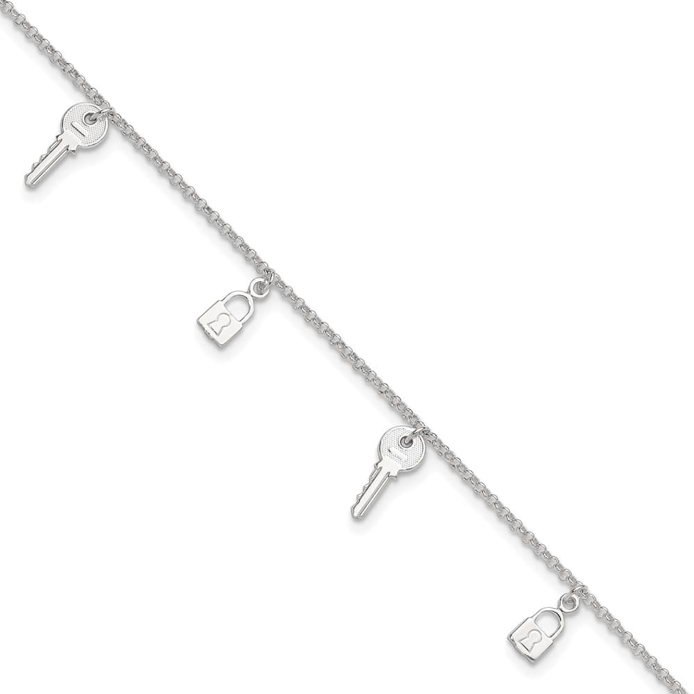 Sterling Silver Lock and Key Anklet — .925 sterling silver, 10 inches long, 1 inch extension, 2 mm wide, lobster clasp, 3.81 g