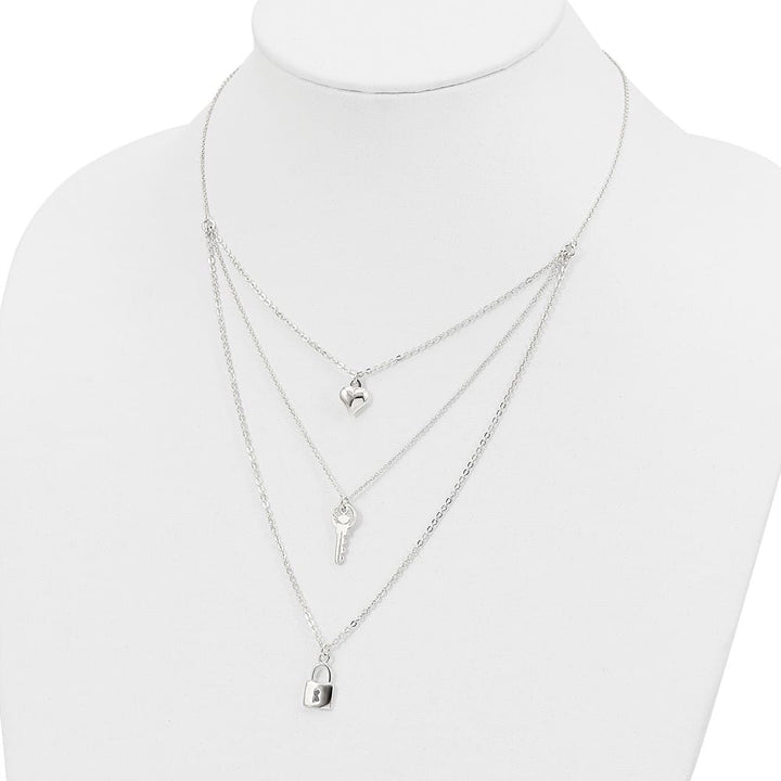Sterling Silver Lock, Heart and Key Multi-Strand 16 Inch Necklace