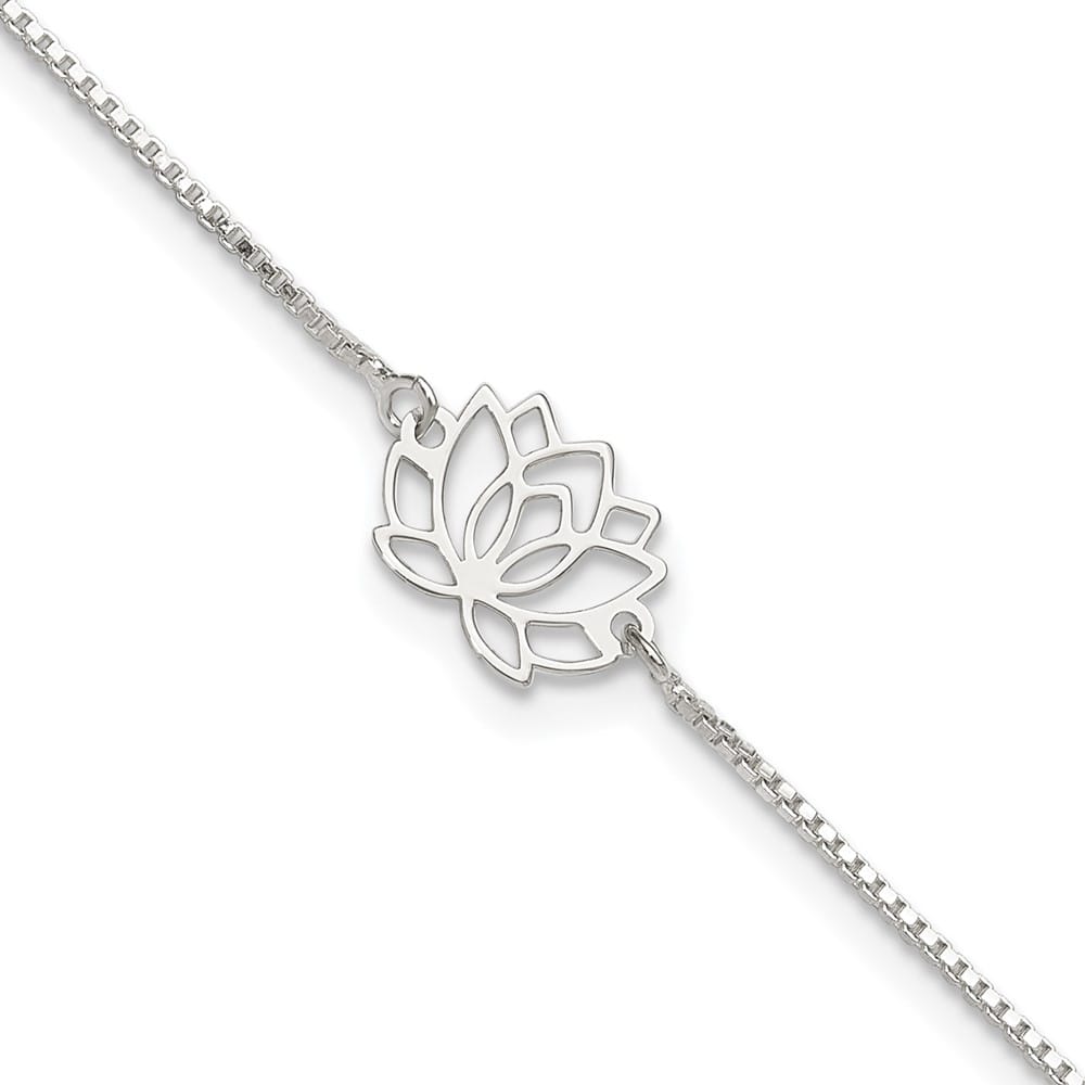 Sterling Silver Lotus with Blue Fabric Tassel Anklet — .925 sterling silver, 10 inches long, 1 inch extension, 1 mm wide, spring ring clasp, 2.04 g