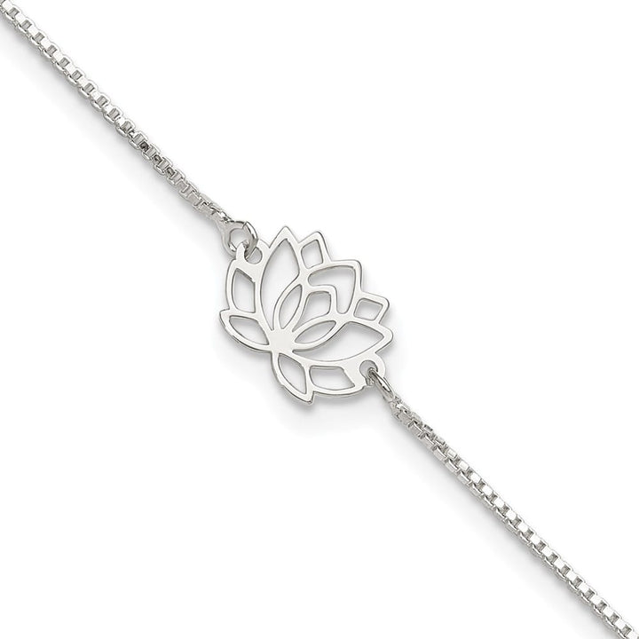 Sterling Silver Lotus with Blue Fabric Tassel Anklet — .925 sterling silver, 10 inches long, 1 inch extension, 1 mm wide, spring ring clasp, 2.04 g