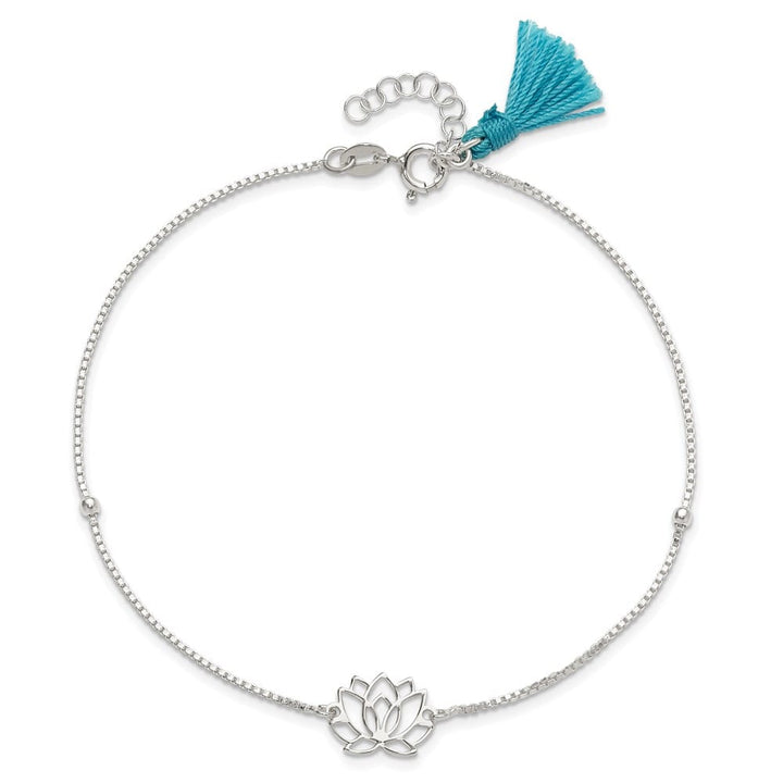 Sterling Silver Lotus with Blue Fabric Tassel Anklet